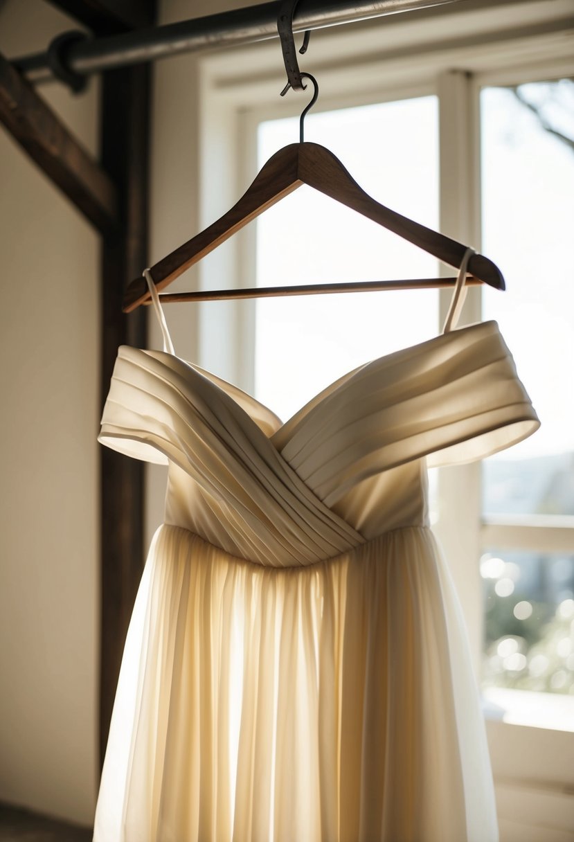 A flowing off-the-shoulder classic dress hanging on a rustic wooden hanger in a sunlit room