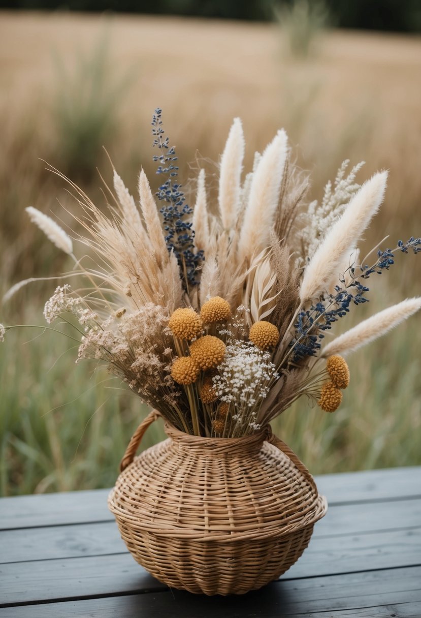 A rustic wedding bouquet of dried wildflowers and grasses in a woven basket