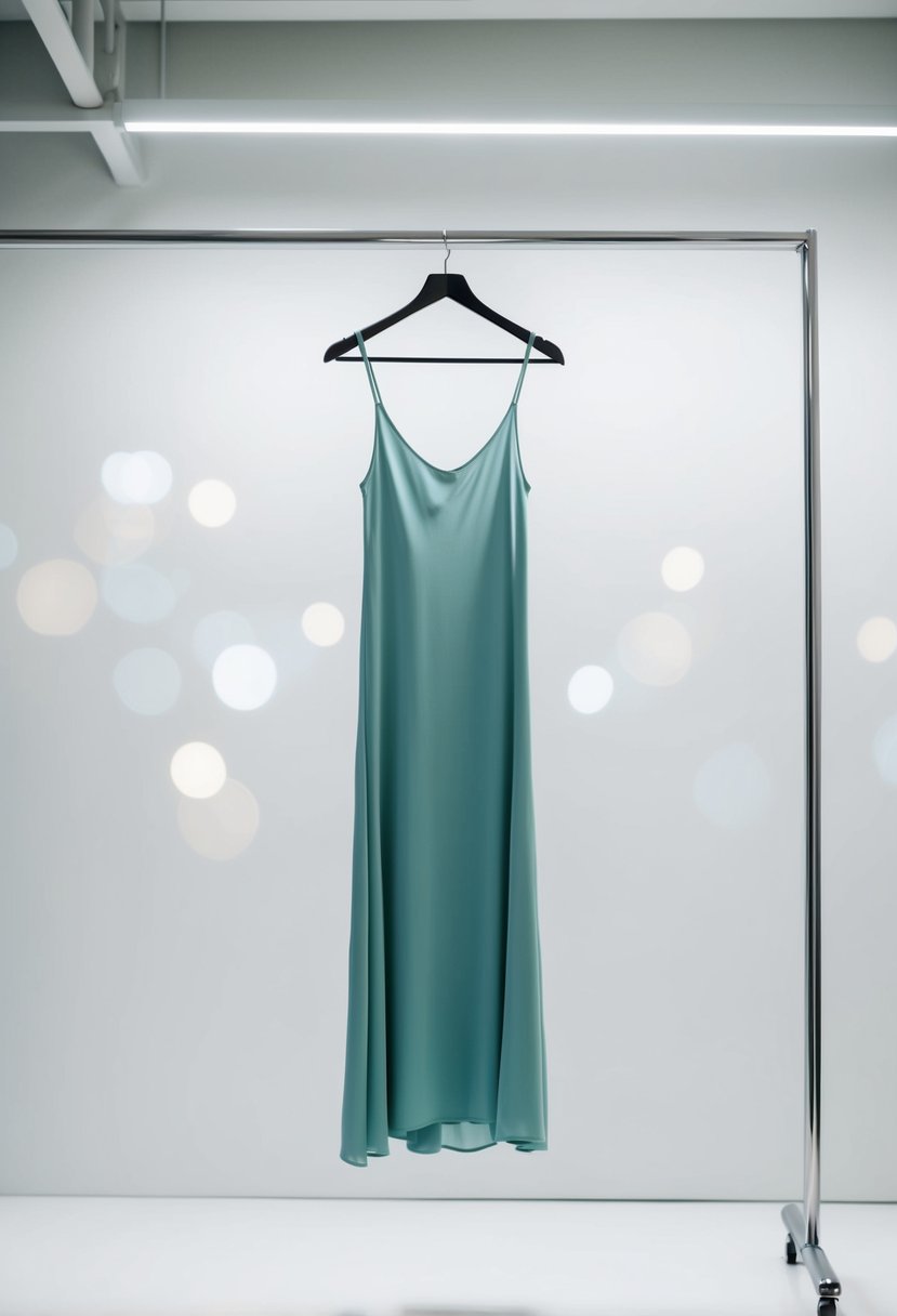 A simple, flowing slip dress hangs on a sleek, modern clothing rack against a clean, white backdrop