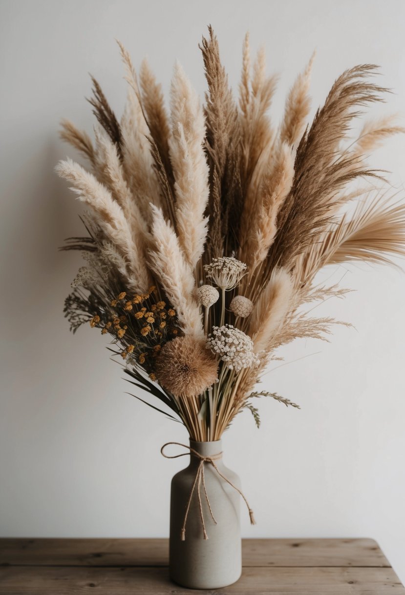 A rustic, earthy bouquet of dried pampas grass and wildflowers, tied with twine and displayed in a simple vase