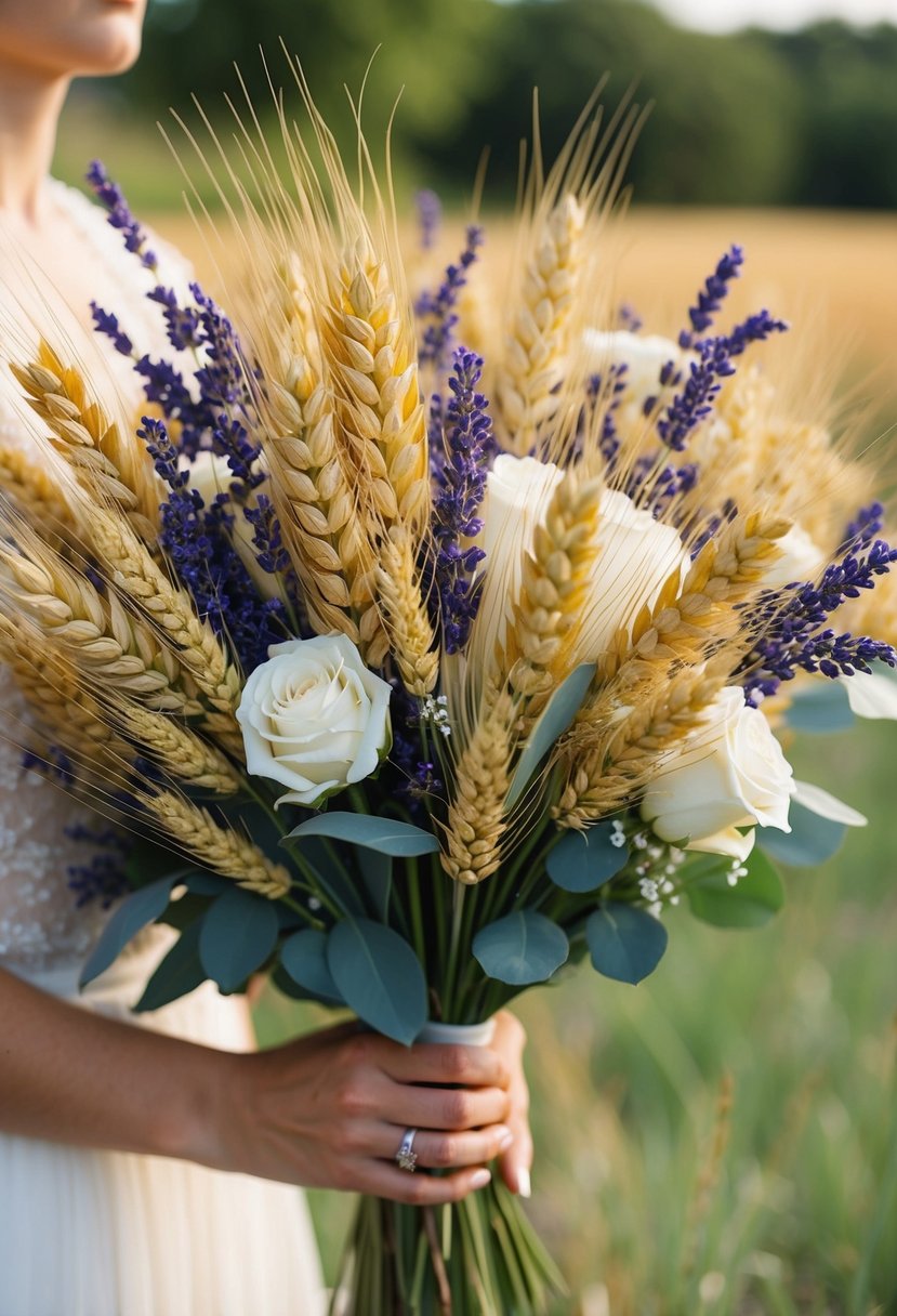 A wedding bouquet of golden wheat and lavender, arranged in a rustic, elegant style