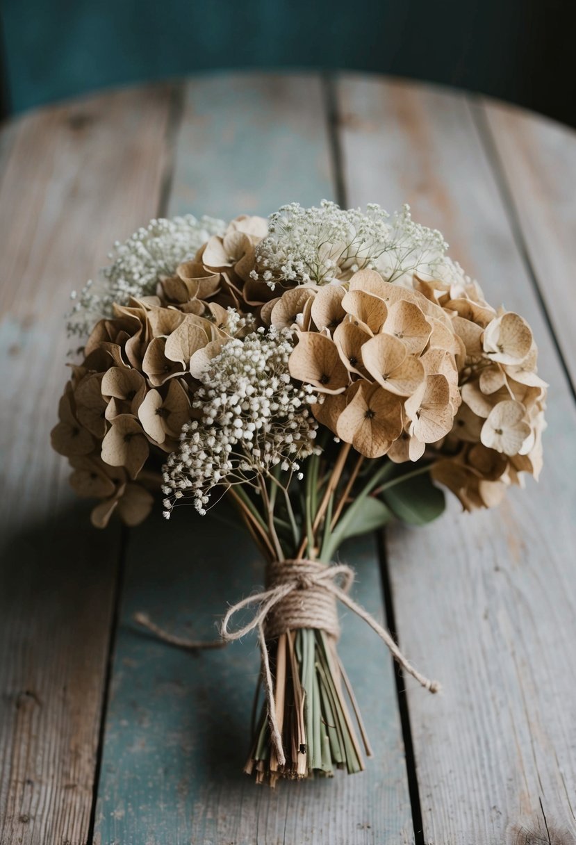 A rustic wedding bouquet of dried hydrangeas and baby's breath, tied with twine, sits on a weathered wooden table