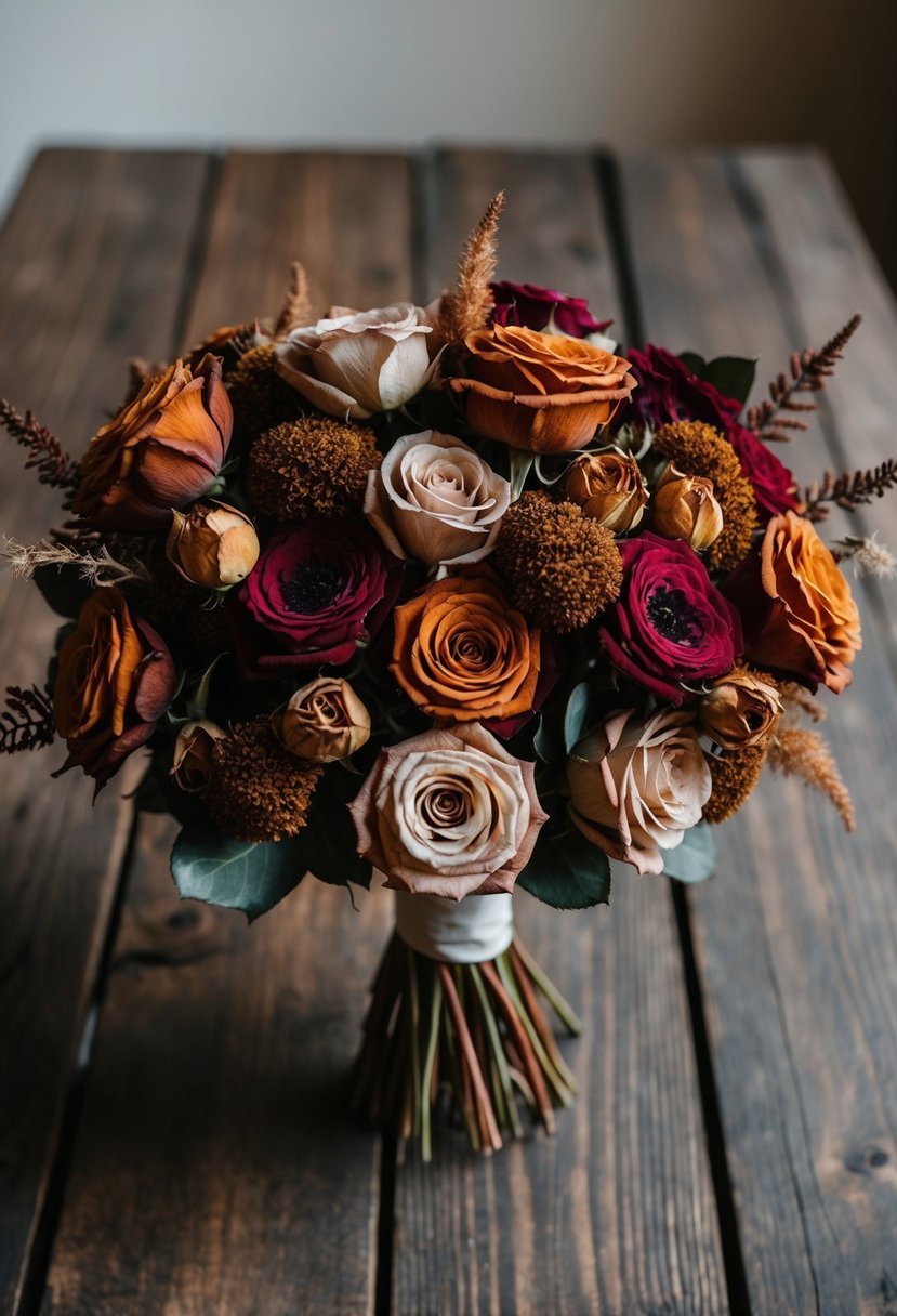 A rustic wooden table adorned with dried roses in rich fall hues, arranged in a moody and romantic wedding bouquet