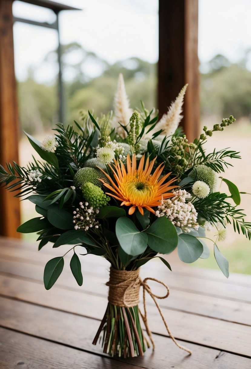 A rustic wedding bouquet featuring native Australian flowers and foliage, tied with twine and displayed on a wooden table