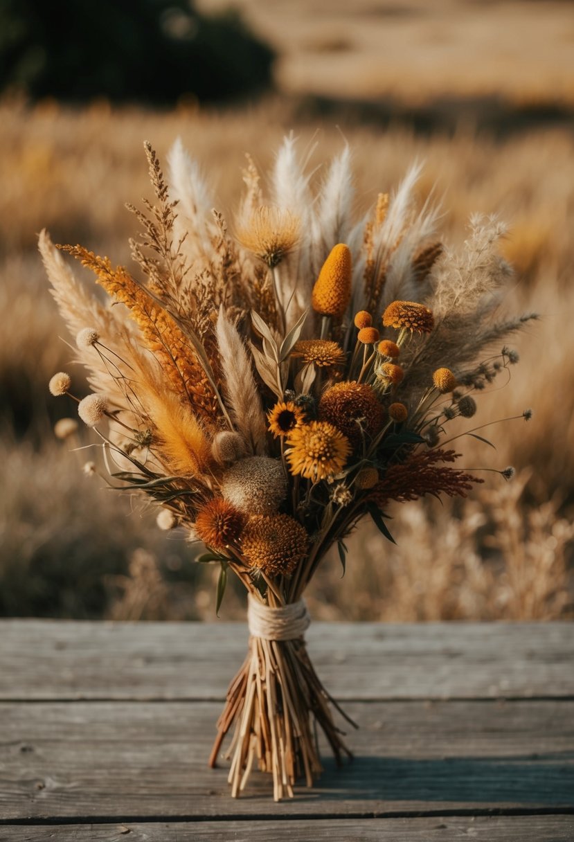 A rustic, warm-toned wildflower mix in a dried bouquet, with sun-drenched hues of gold, amber, and rust, arranged in a loose, organic style