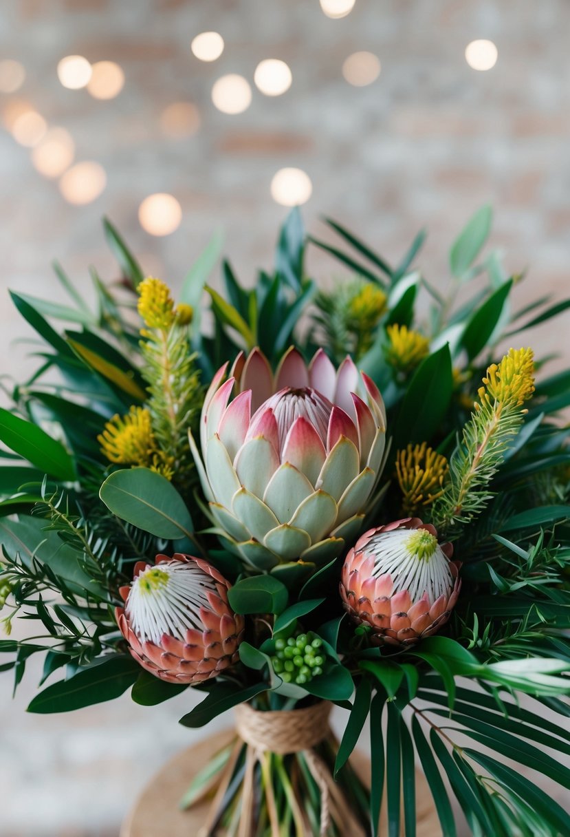 A vibrant bouquet of classic Protea and Banksia arranged with native Australian foliage