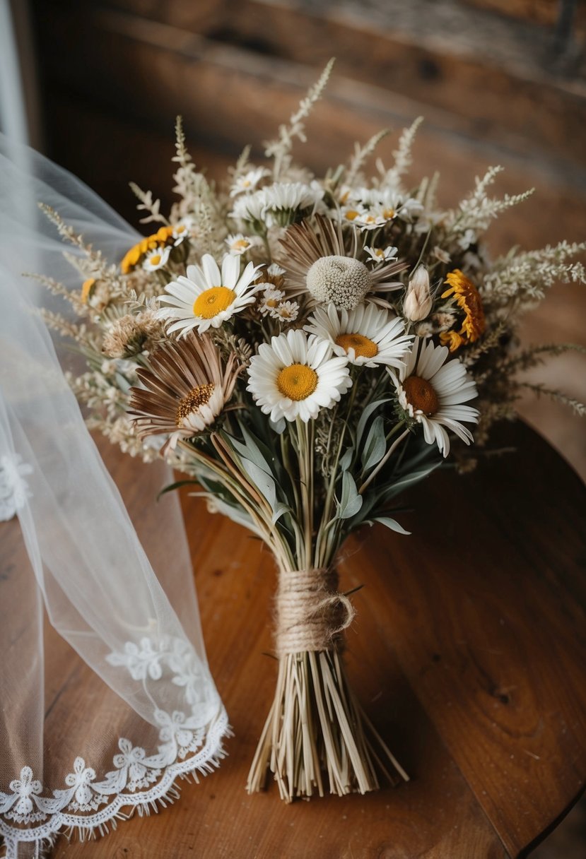 A rustic wedding bouquet of dried statice and daisies, tied with twine, sits on a wooden table beside a vintage lace veil