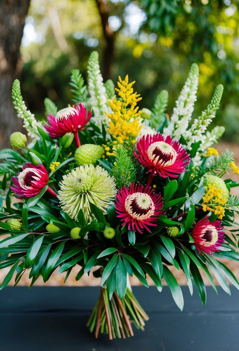 A vibrant bouquet of native Australian waratah and wattle flowers, elegantly arranged with lush greenery