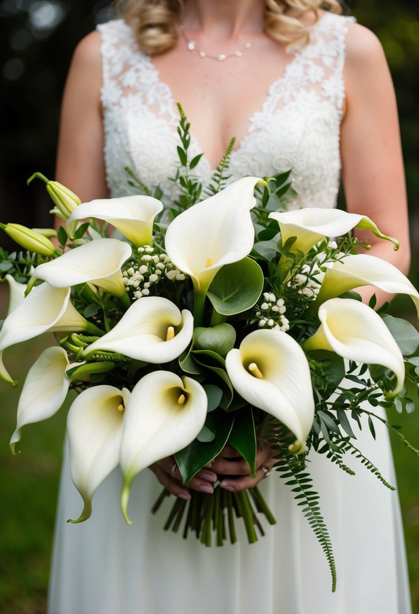 A beautiful arrangement of white calla lilies and greenery in a delicate wedding bouquet