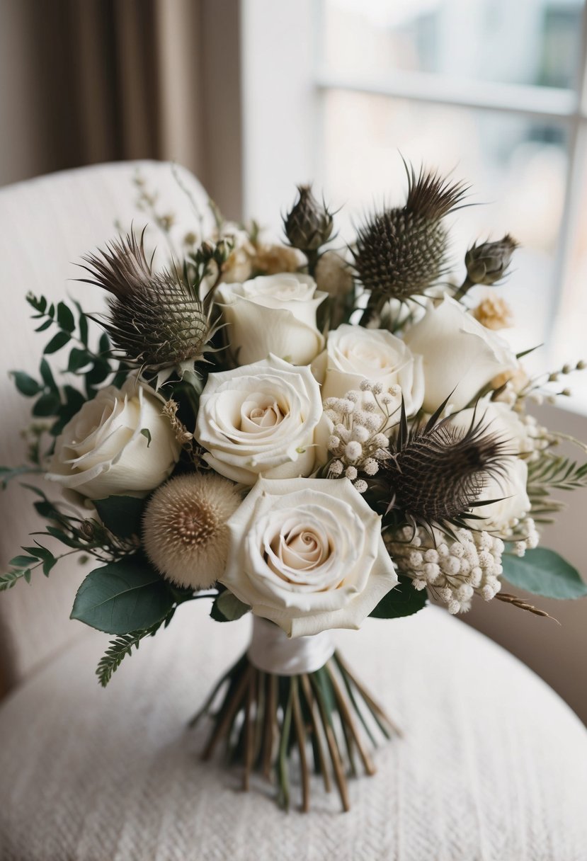 An elegant wedding bouquet featuring white roses and thistle, dried and arranged in a delicate and romantic composition