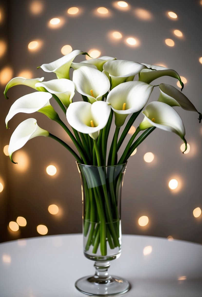 A classic white calla lily bouquet arranged in a simple glass vase