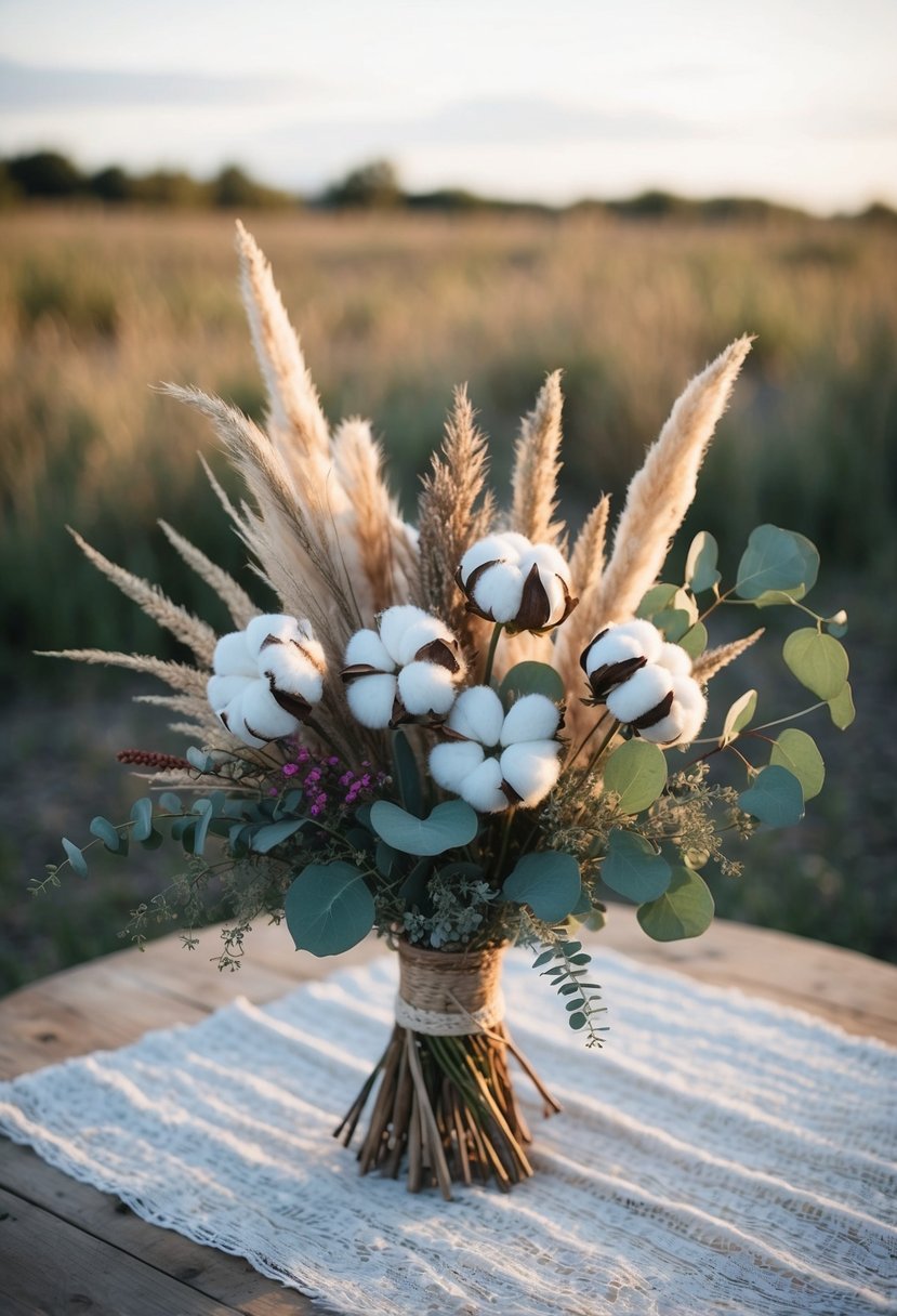 A rustic table holds a lush bouquet of dried cotton stems, eucalyptus, and other wildflowers, creating a bohemian wedding centerpiece