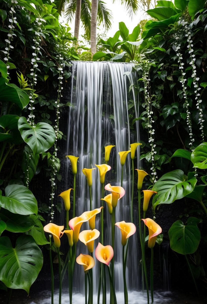 A cascading waterfall of vibrant calla lilies, surrounded by lush tropical foliage and delicate cascading vines