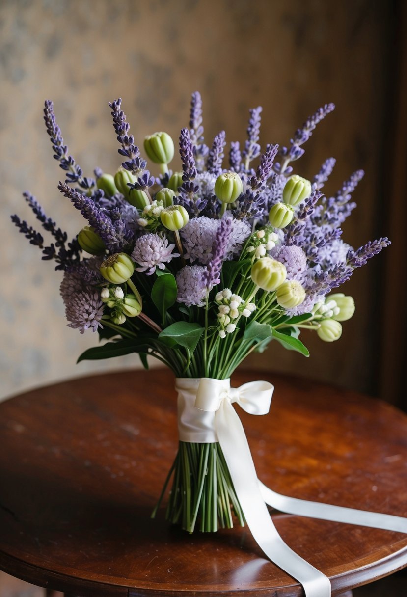 A delicate wedding bouquet of lavender and echinops, tied with a satin ribbon, sits on a vintage wooden table