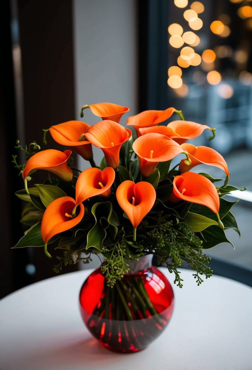 An orange calla lily bouquet with red accents