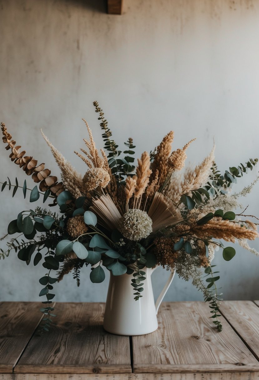 A rustic wooden table adorned with a lush arrangement of dried amaranthus, eucalyptus, and other vintage-inspired flowers in muted tones