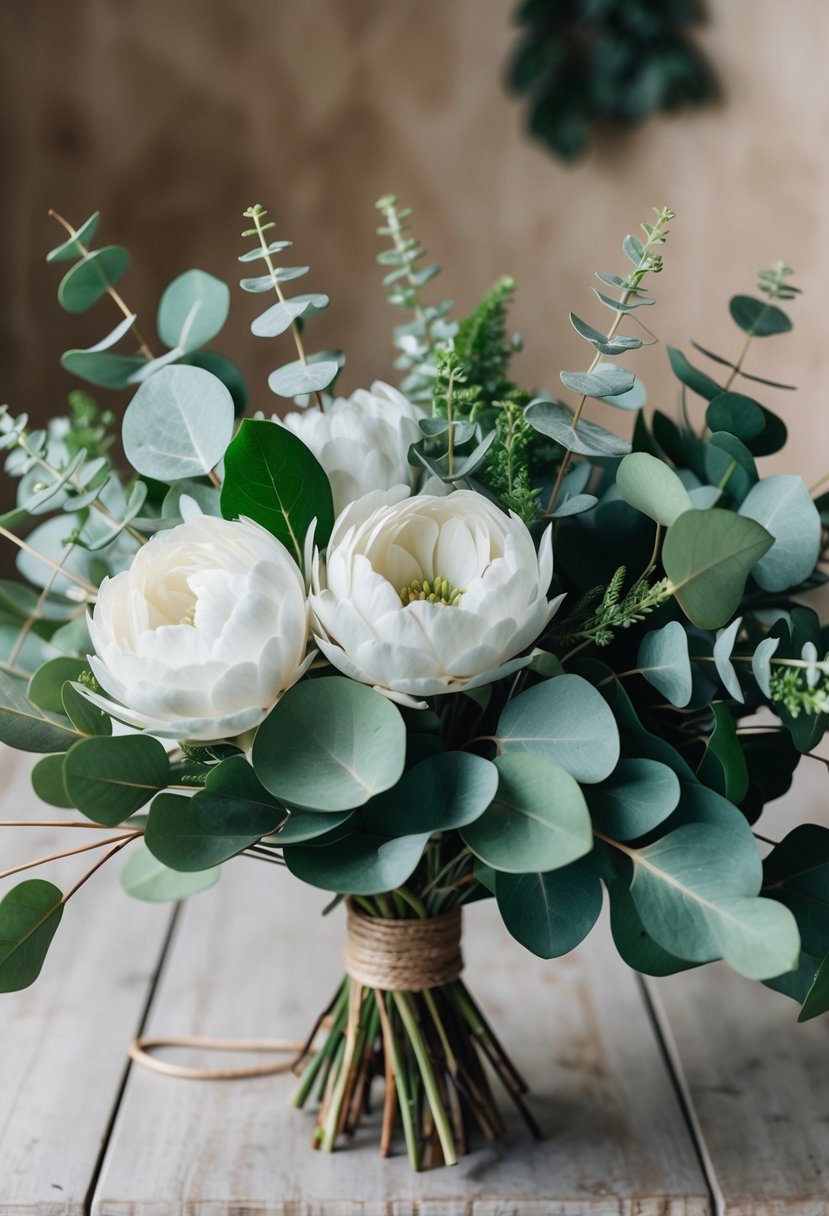 An elegant bouquet of flannel flowers and eucalyptus, with delicate white petals and vibrant green leaves, arranged in a rustic, natural style