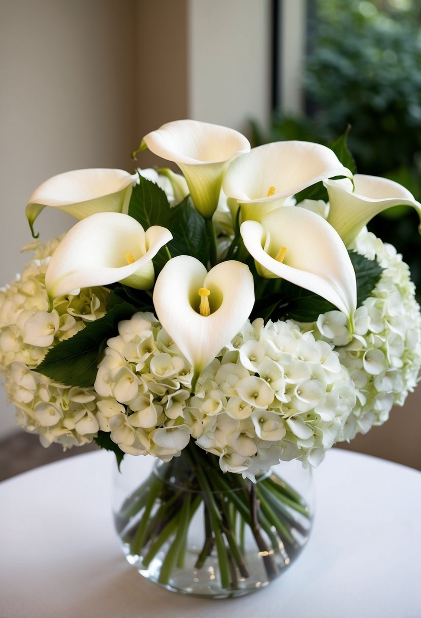 A bouquet of elegant white calla lilies and hydrangeas