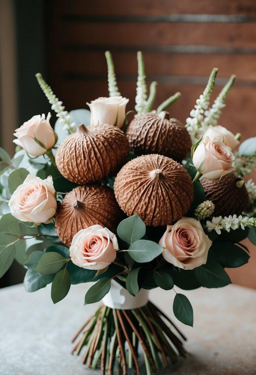 A bouquet of gumnuts and roses arranged in a sophisticated and elegant manner