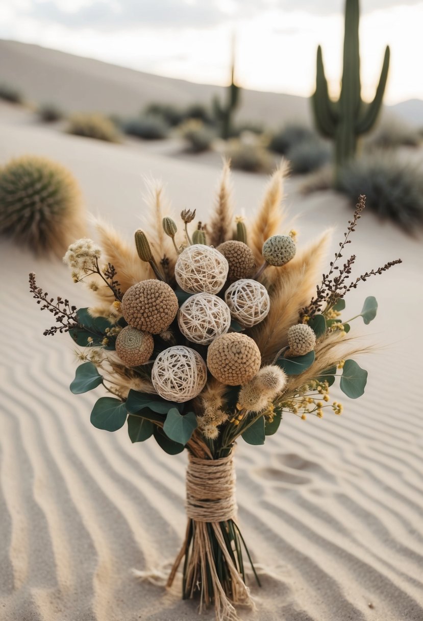 A desert boho wedding bouquet featuring dried Billy Balls and other wildflowers, wrapped in natural twine, set against a backdrop of sandy dunes and cacti