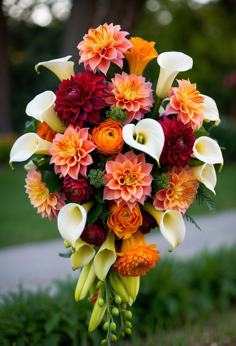 A vibrant mix of calla lilies and dahlias arranged in a cascading wedding bouquet