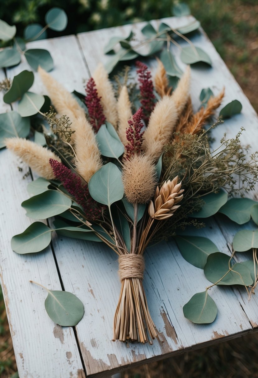 A rustic, dried native Australian bouquet sits on a weathered wooden table, surrounded by eucalyptus leaves and other native flora