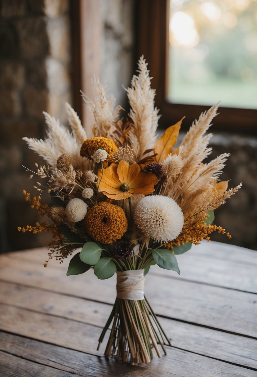 An elegant wedding bouquet of dried Autumn Glory and Sinuata Statice flowers in a rustic setting