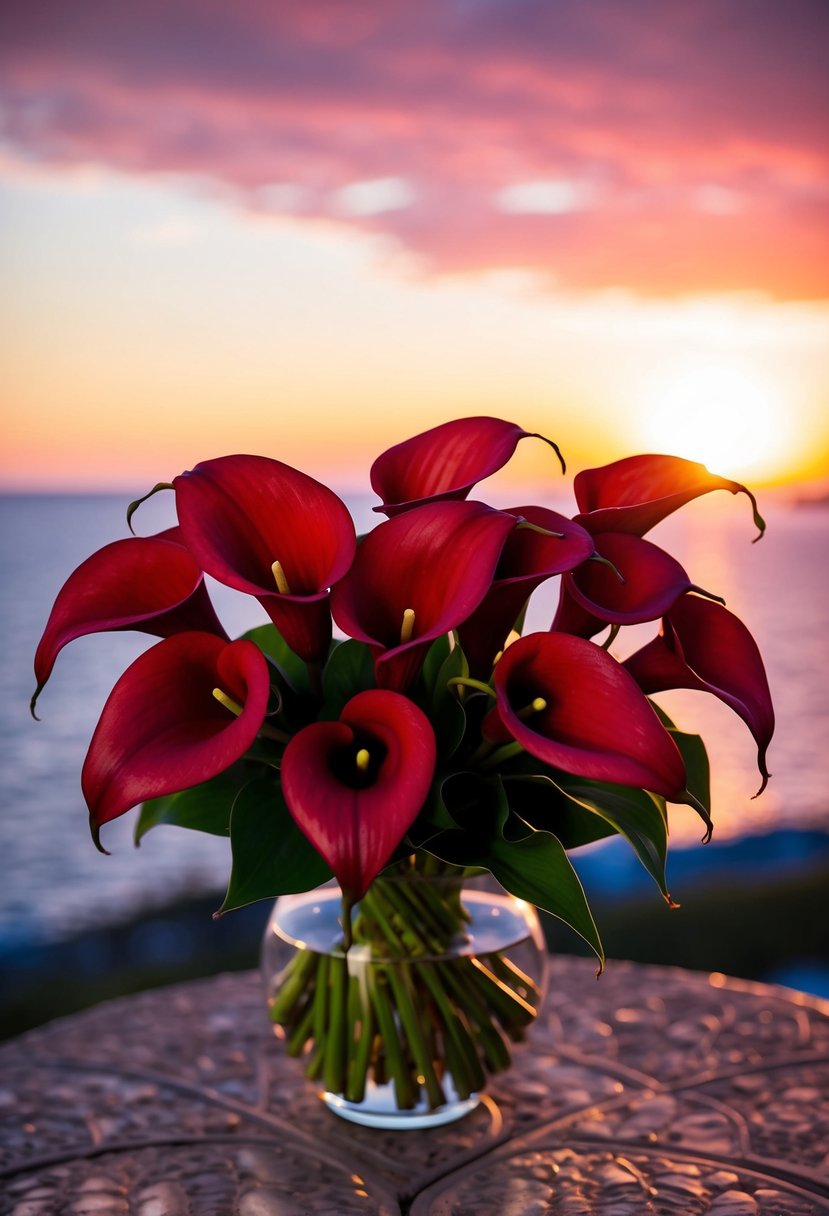 A vibrant bouquet of cranberry calla lilies is set against a backdrop of a stunning sunset, creating a dreamy and romantic atmosphere