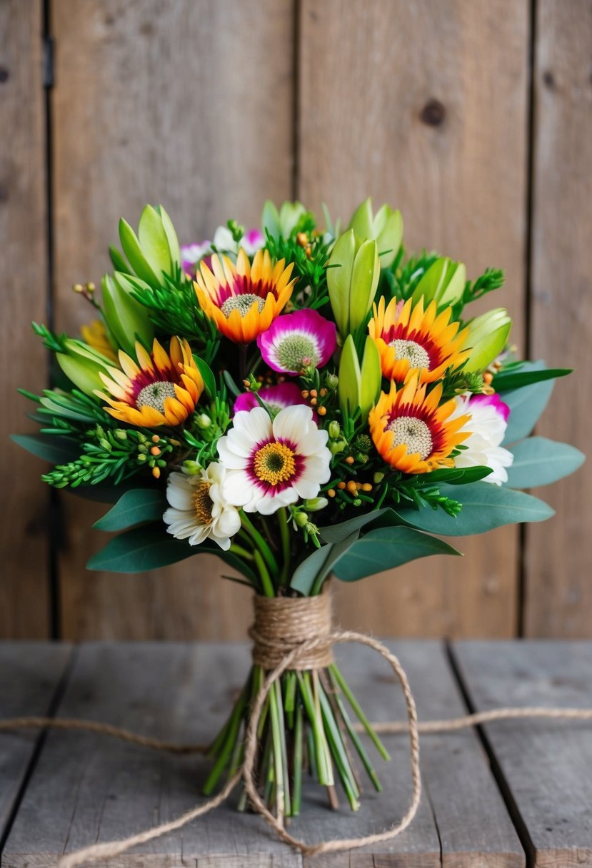 A vibrant bouquet featuring Kangaroo Paw and Billy Button flowers, tied with a rustic twine ribbon