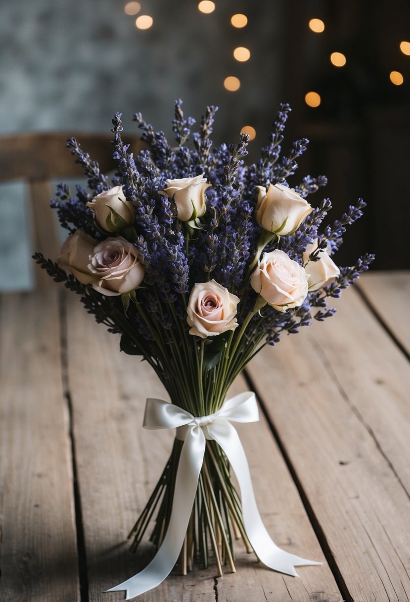 A bouquet of dried lavender and roses tied with a satin ribbon, placed on a rustic wooden table