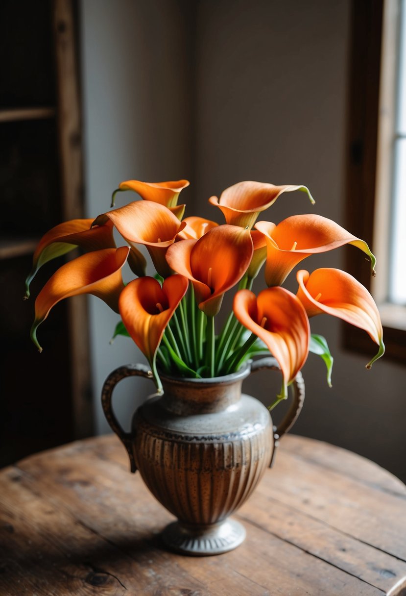 A rustic burnt orange calla lily bouquet arranged in a vintage-style vase on a wooden table with soft natural lighting