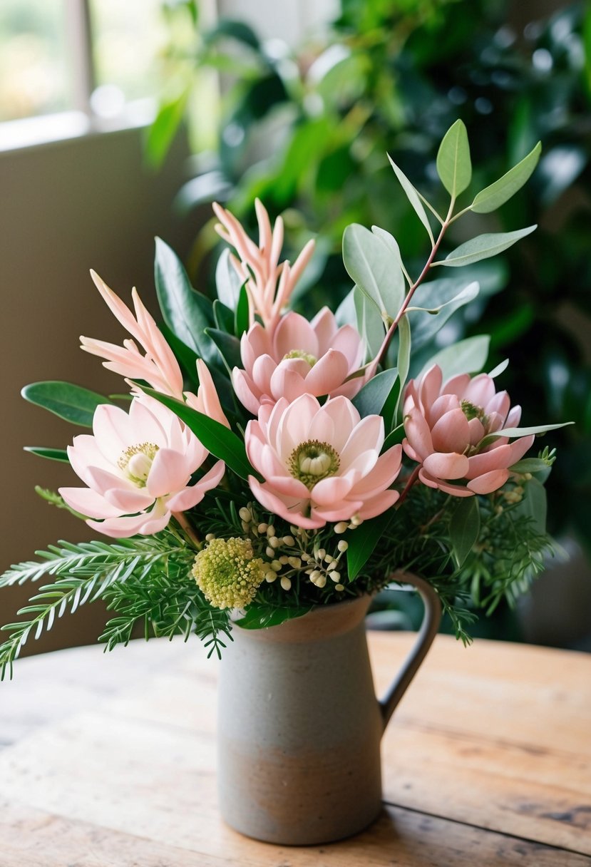 A delicate bouquet of soft pink Boronia and Anigozanthos, with native Australian foliage, arranged in a rustic vase