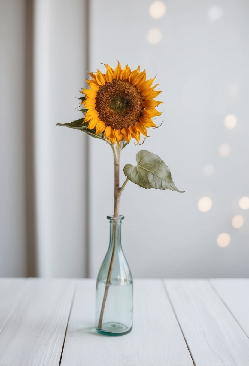 A single dried sunflower displayed in a simple glass vase against a white backdrop