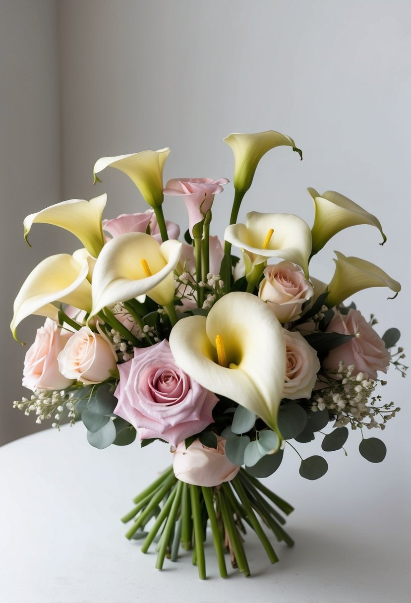 A delicate pastel bouquet of calla lilies and roses, arranged in a graceful and elegant manner