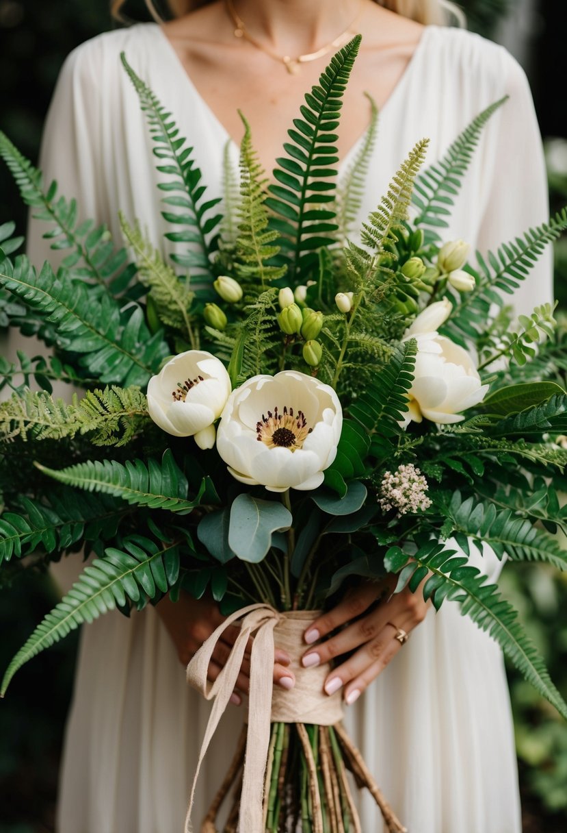 A lush arrangement of bohemian Grevillea and ferns, tied with a rustic ribbon, evoking Australian wedding bouquet vibes