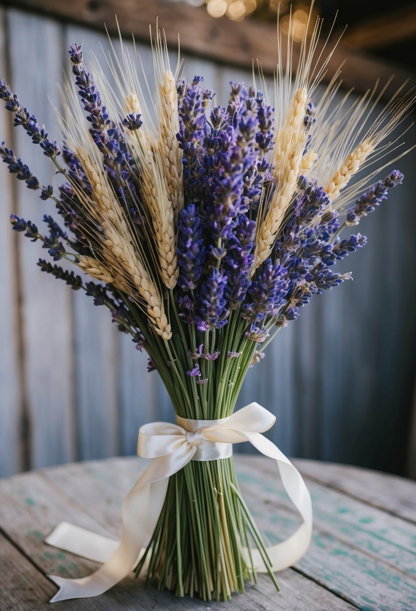 A whimsical bouquet of lavender and wheat, tied with a delicate ribbon, sits on a weathered wooden table