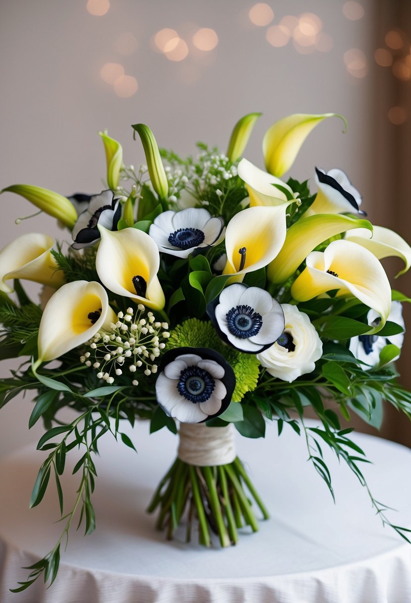 A vibrant arrangement of bold anemones and calla lilies in a wedding bouquet, with elegant greenery and delicate white blooms