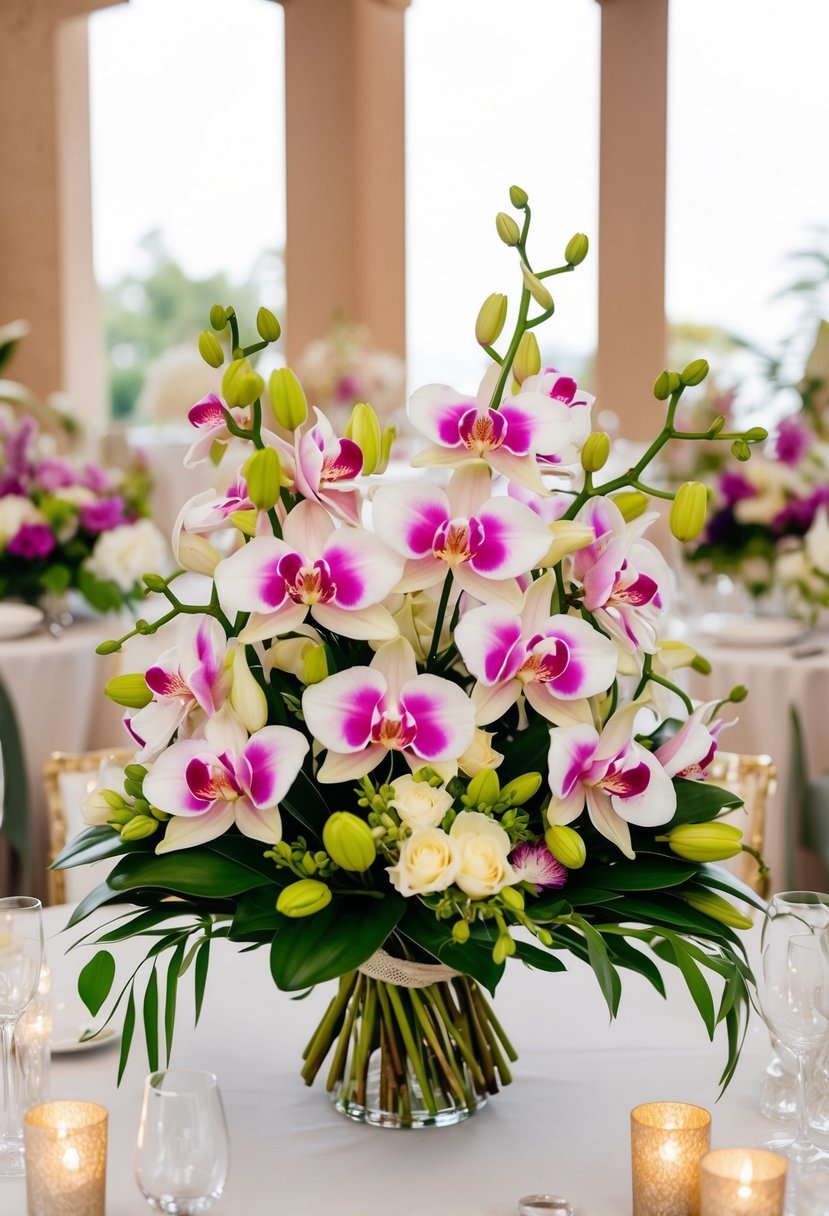 A lush bouquet of vibrant Lily Pilly and delicate Orchids, arranged in a luxurious Australian wedding setting