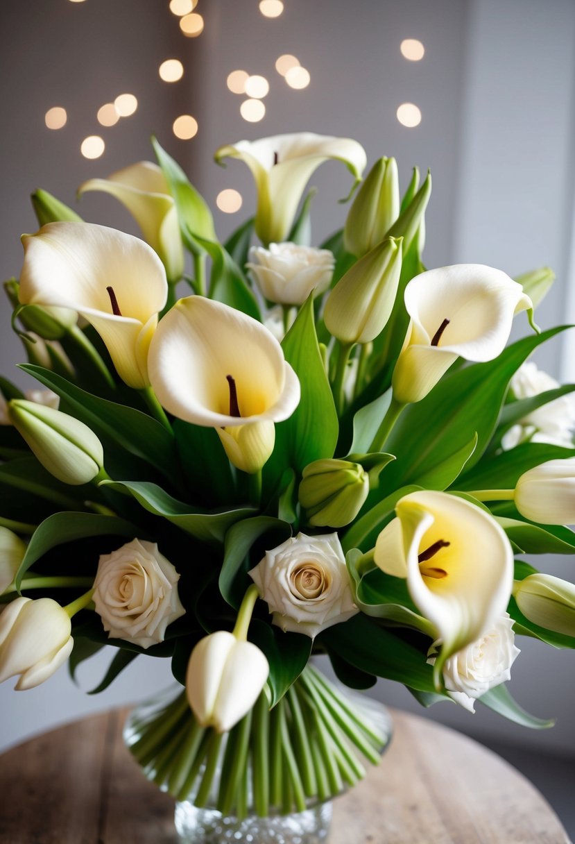 A luxurious bouquet featuring calla lilies and tulips arranged in an elegant and sophisticated manner