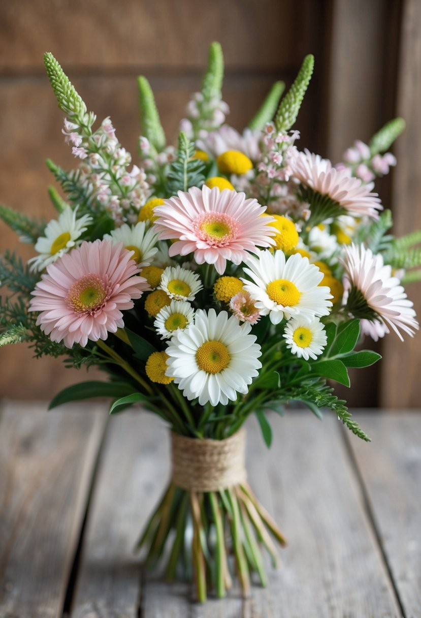 A delicate bouquet of pastel waxflowers and everlasting daisies, arranged in a rustic, native Australian style