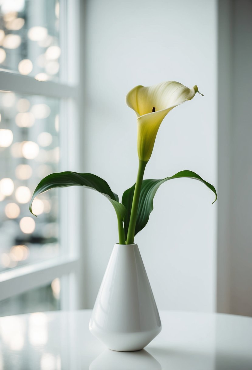 A single calla lily in a sleek, modern vase, set against a clean, white background