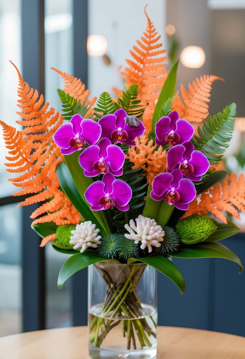 A vibrant bouquet of native Australian orchids and coral ferns, arranged in a modern and elegant style