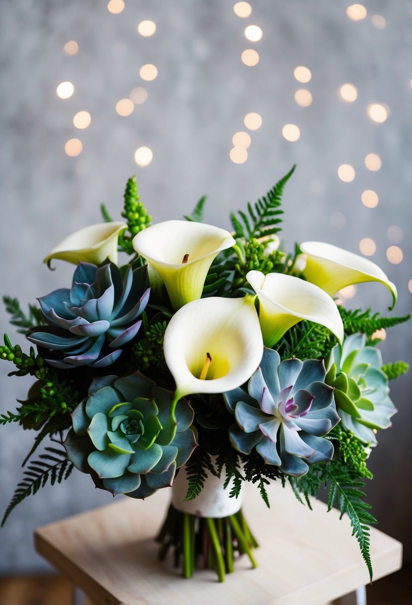 A chic wedding bouquet featuring calla lilies and succulents arranged in a modern and elegant design