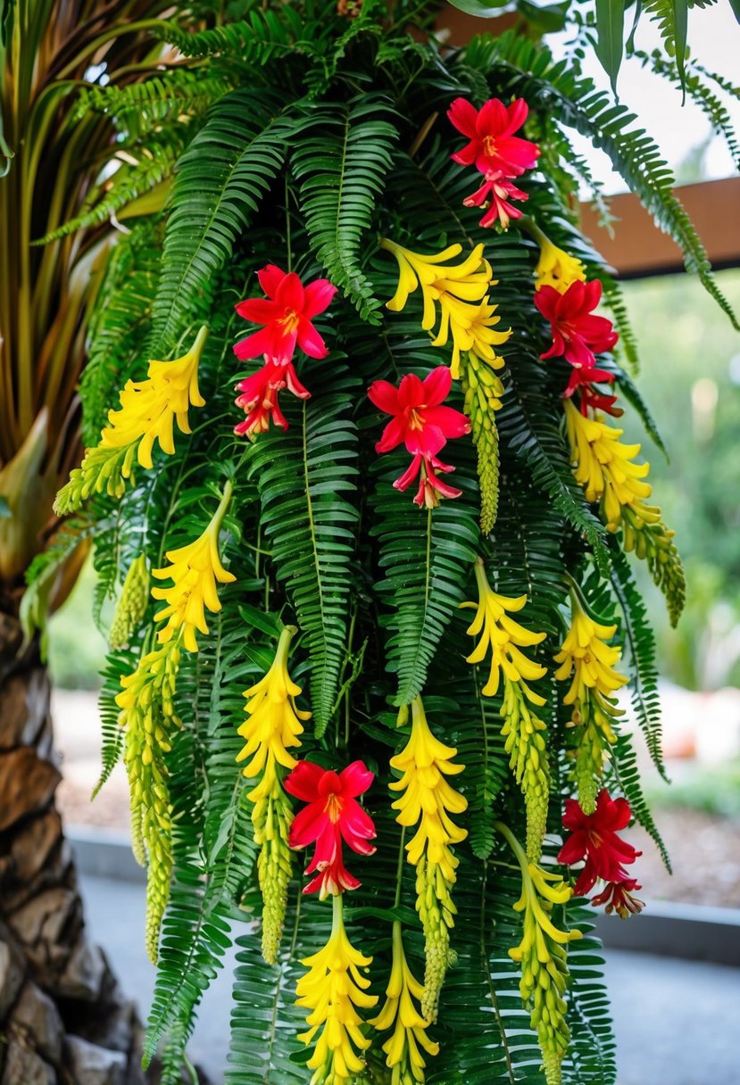 A lush, cascading bouquet of vibrant green tree ferns and bold red and yellow Leucadendron flowers