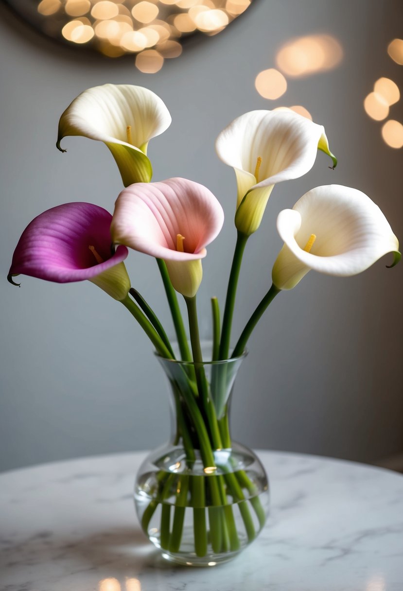 Four calla lilies in varying shades of pink and white arranged in an elegant bouquet