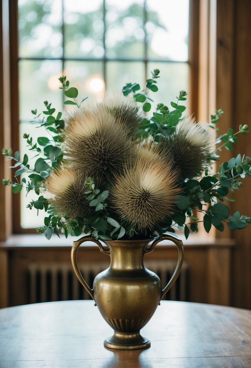 A bouquet of Emu Bush and Old Man's Beard in a vintage style vase