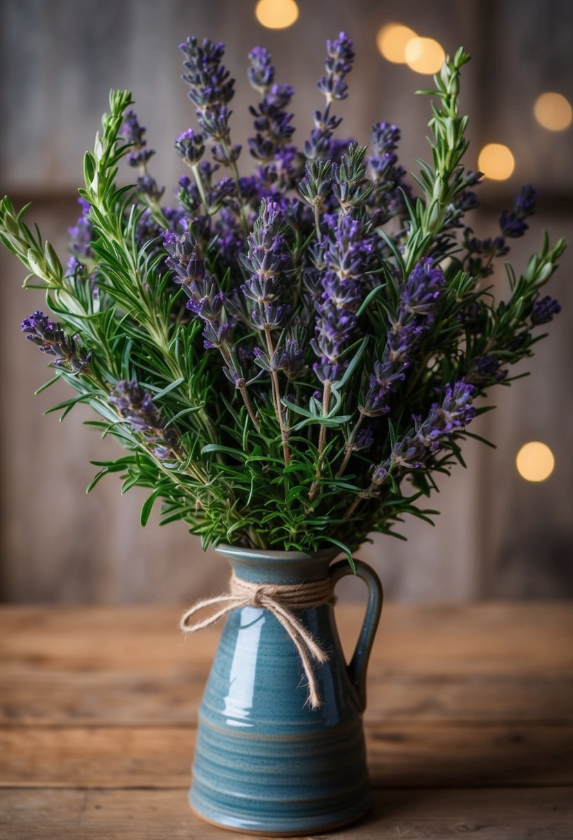 A rustic, earthy bouquet of tea tree and lavender, tied with twine, nestled in a vintage ceramic vase