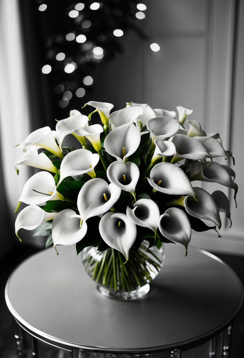 A monochrome calla lily bouquet arranged in a lush, elegant setting