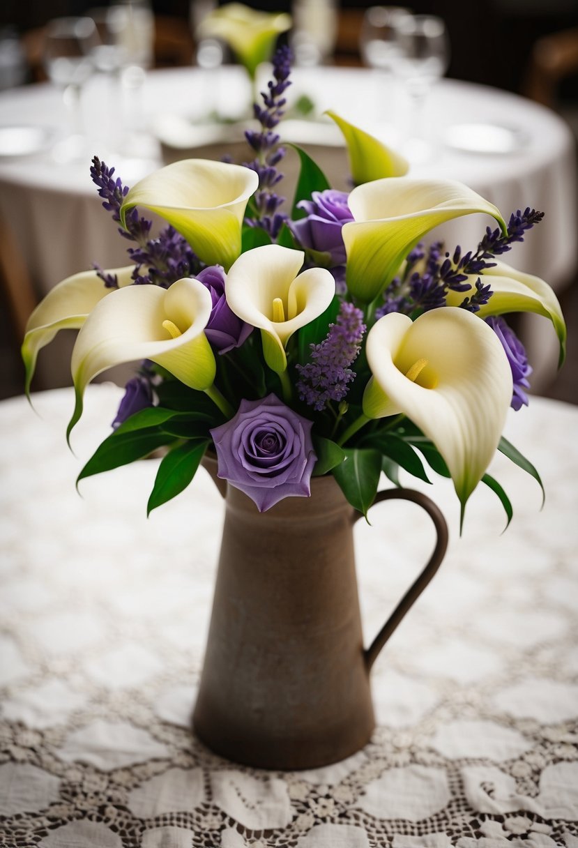 A vintage calla lily and lavender wedding bouquet arranged in a rustic vase on a lace tablecloth