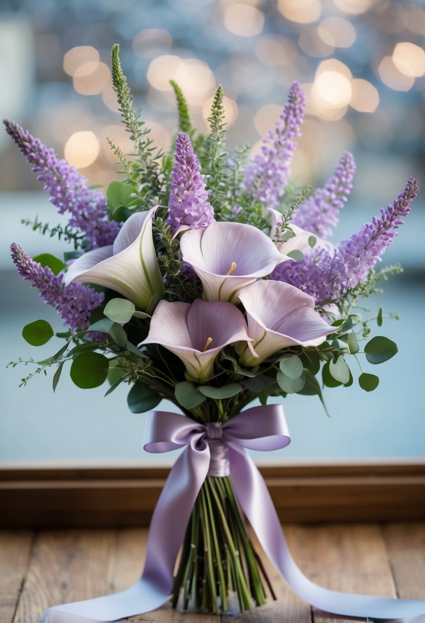 A bouquet of ethereal Hakea and lavender dream flowers, arranged with delicate greenery, tied with a satin ribbon